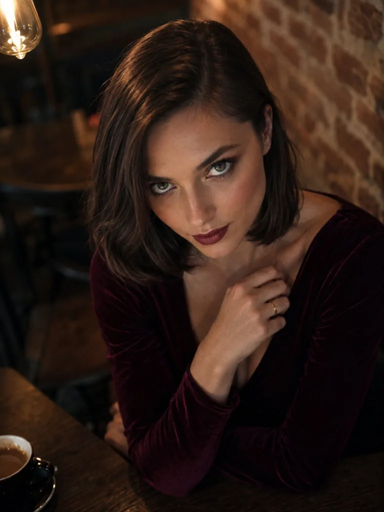 dark mushroom brown lob hair moody warm lighting cafe