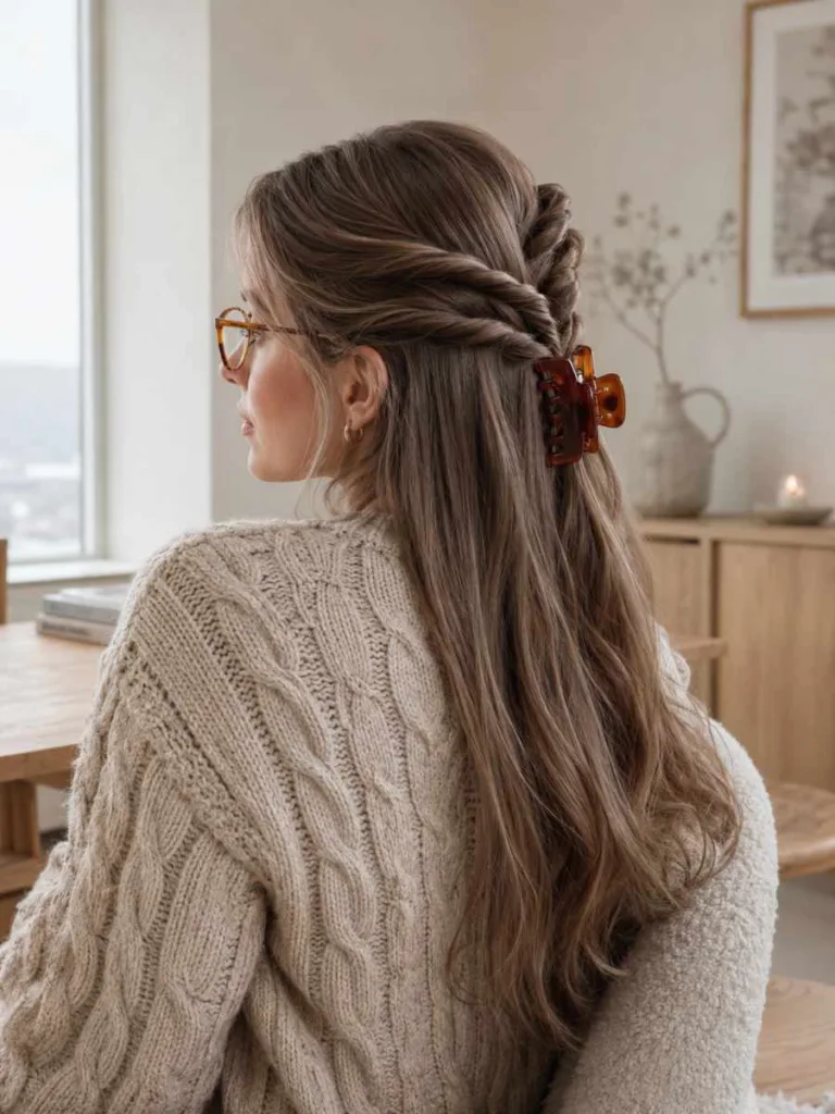 Woman with pale fair skin and ash-brown hair in a double twist half up claw clip hairstyle showing two rope twists side by side above a cognac clip, cozy Nordic interior