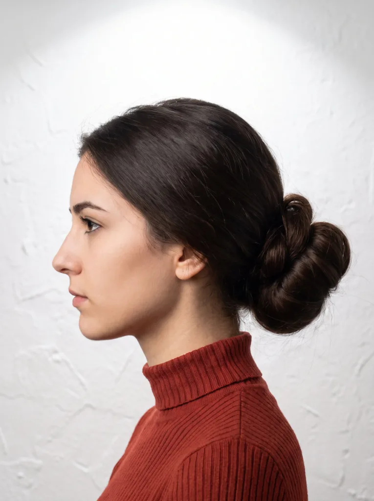 Pretty 21-year-old woman with fair skin and dark espresso hair in a double-wrapped low bun, right side profile portrait, rust-red top, white wall background