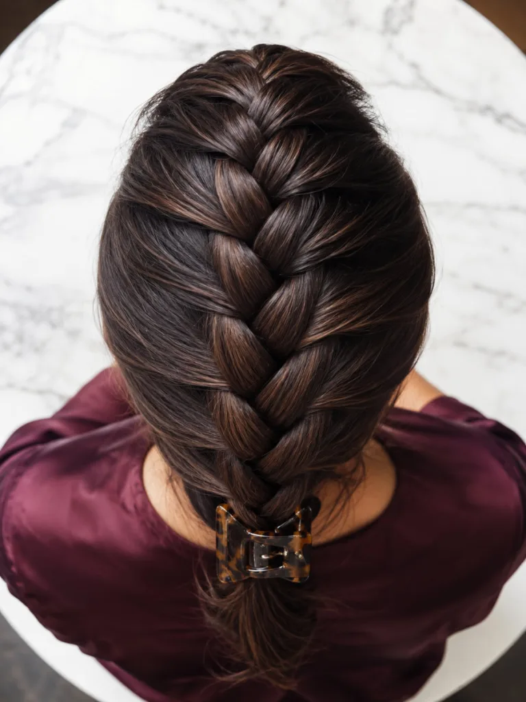 Overhead top-down view of dark brunette hair in a Dutch braid half up claw clip hairstyle showing the full raised braid path from hairline to clip