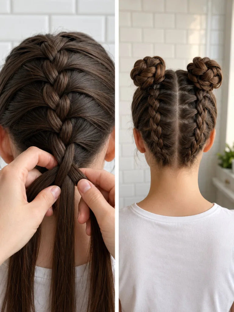 dutch braid space bun tutorial showing braiding technique and finished buns