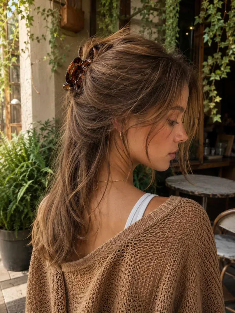 Woman with warm fair skin and long layered light brown hair in a feathered half up claw clip hairstyle with individual strands pulled free around the clip, outdoor café with trailing plants