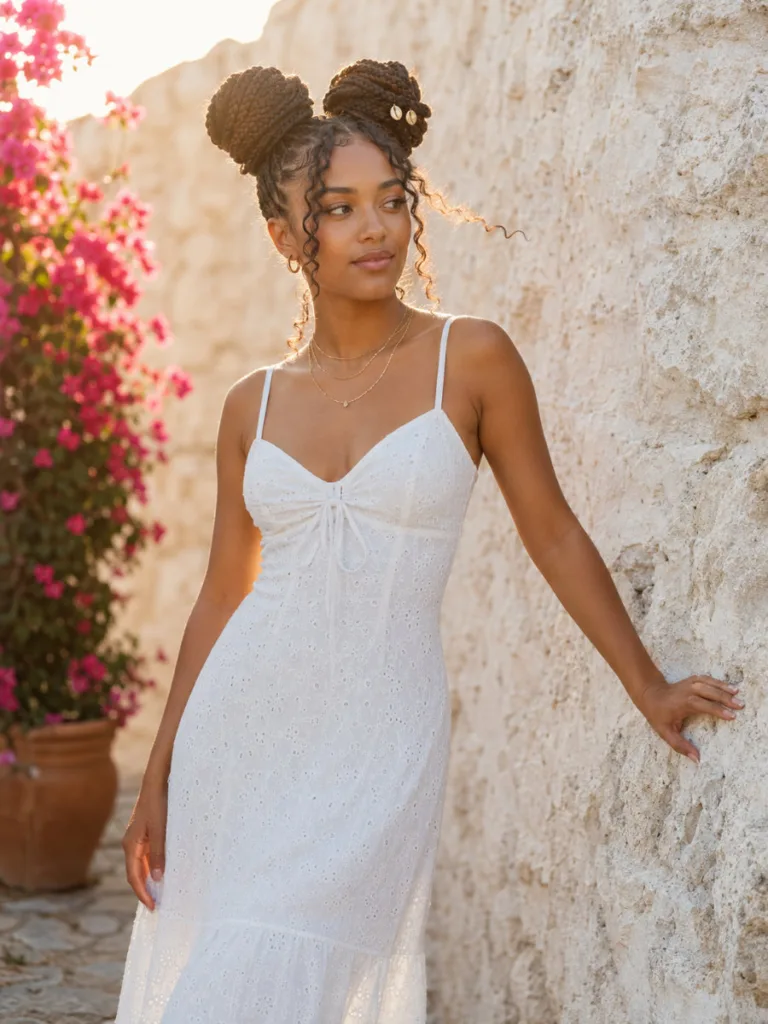 goddess braided space buns with curly tendrils and gold cuffs outdoors
