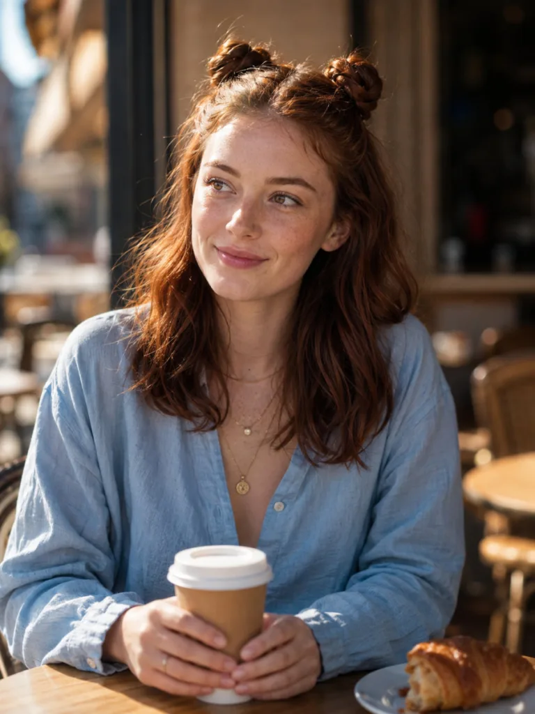 half up braided space buns with loose hair fair skin café