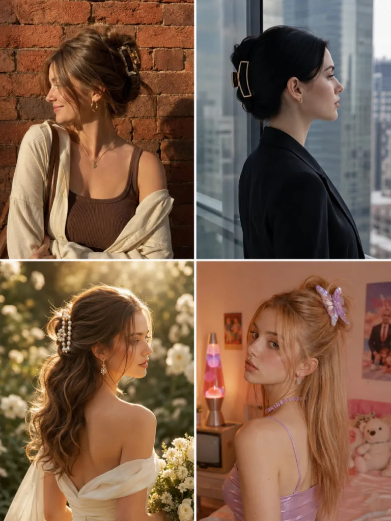 Four-panel grid of half up claw clip hairstyle variations: casual messy with tortoiseshell clip on brick wall, sleek professional with gold clip at office window, romantic bridal waves with pearl clip in garden, and Y2K butterfly clip in retro bedroom setting