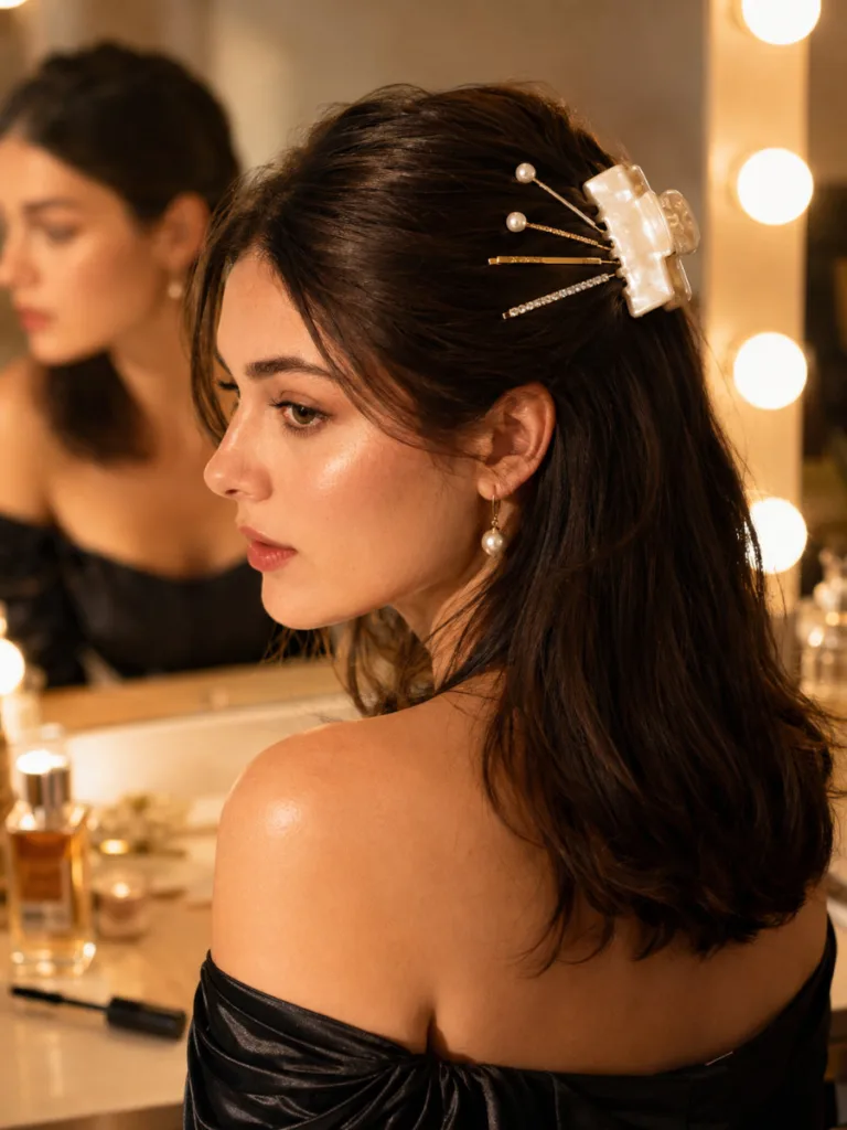 Woman with fair skin and dark medium hair in a half up claw clip hairstyle with five decorative pearl and gold pins fanned from the clip base, vanity mirror visible in background