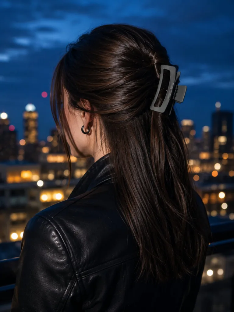 Close-up rear view of woman with straight dark brown hair in a half up twist claw clip hairstyle on a rooftop at twilight with city light bokeh in the background
