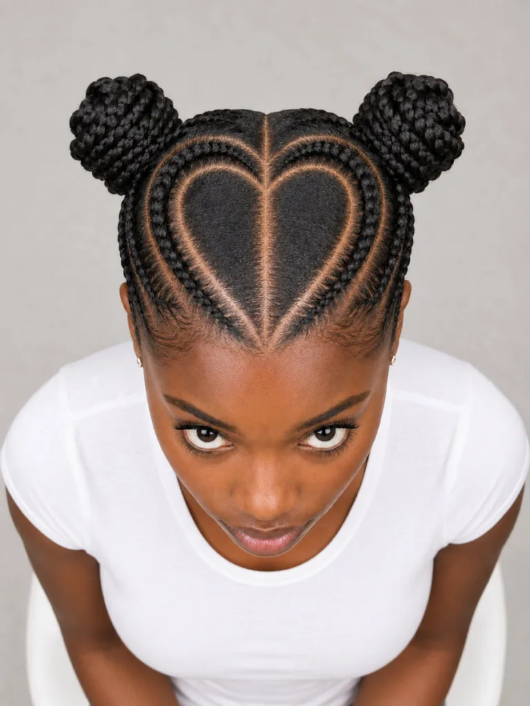 heart-shaped parting braided space buns on dark skin seen from above