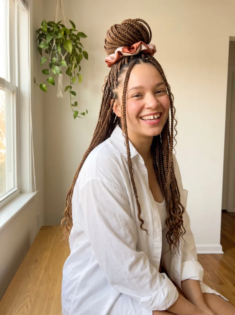 Young woman with medium brown knotless braids in a half-up bun with a terracotta scrunchie