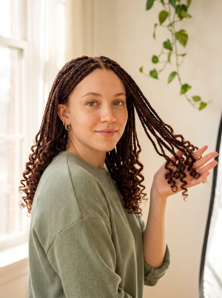 Pretty young woman with medium auburn knotless braids with bouncy spiral curly ends