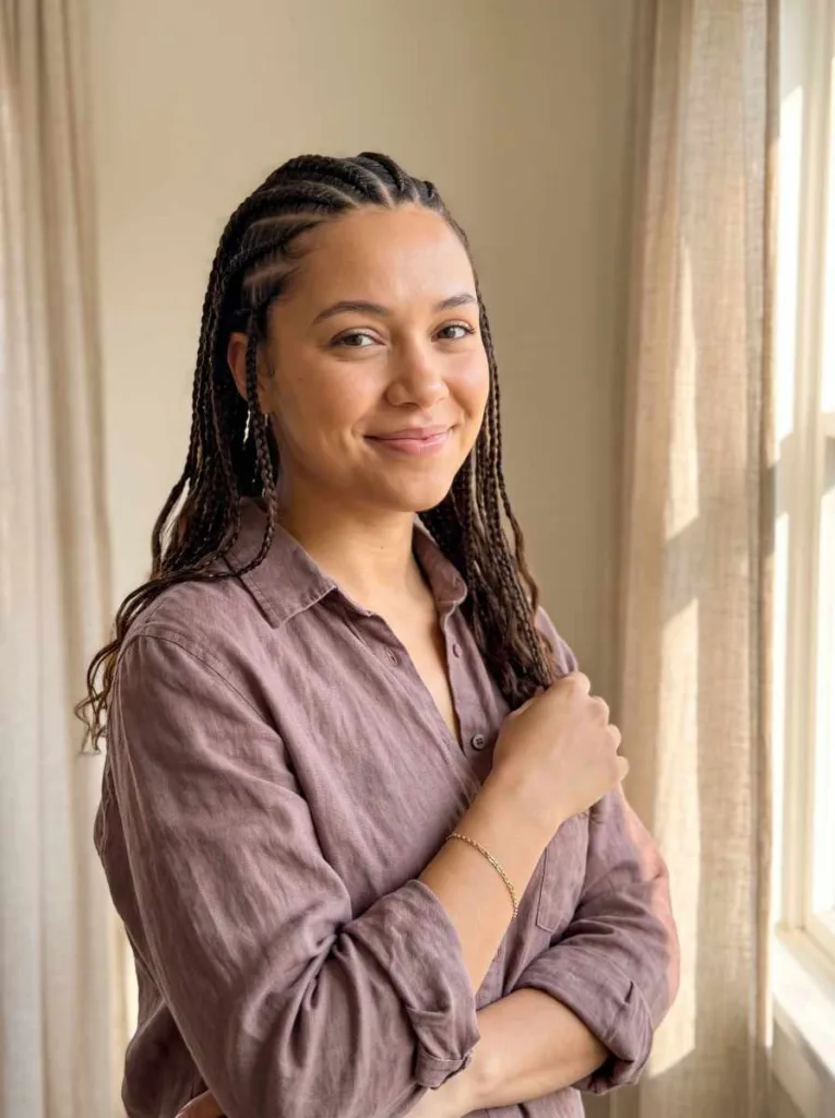 Young woman showing cornrow front transitioning into loose knotless braids at the back