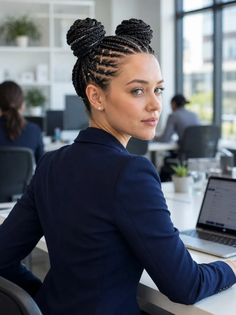 knotless micro braids space buns office hairstyle fair skin