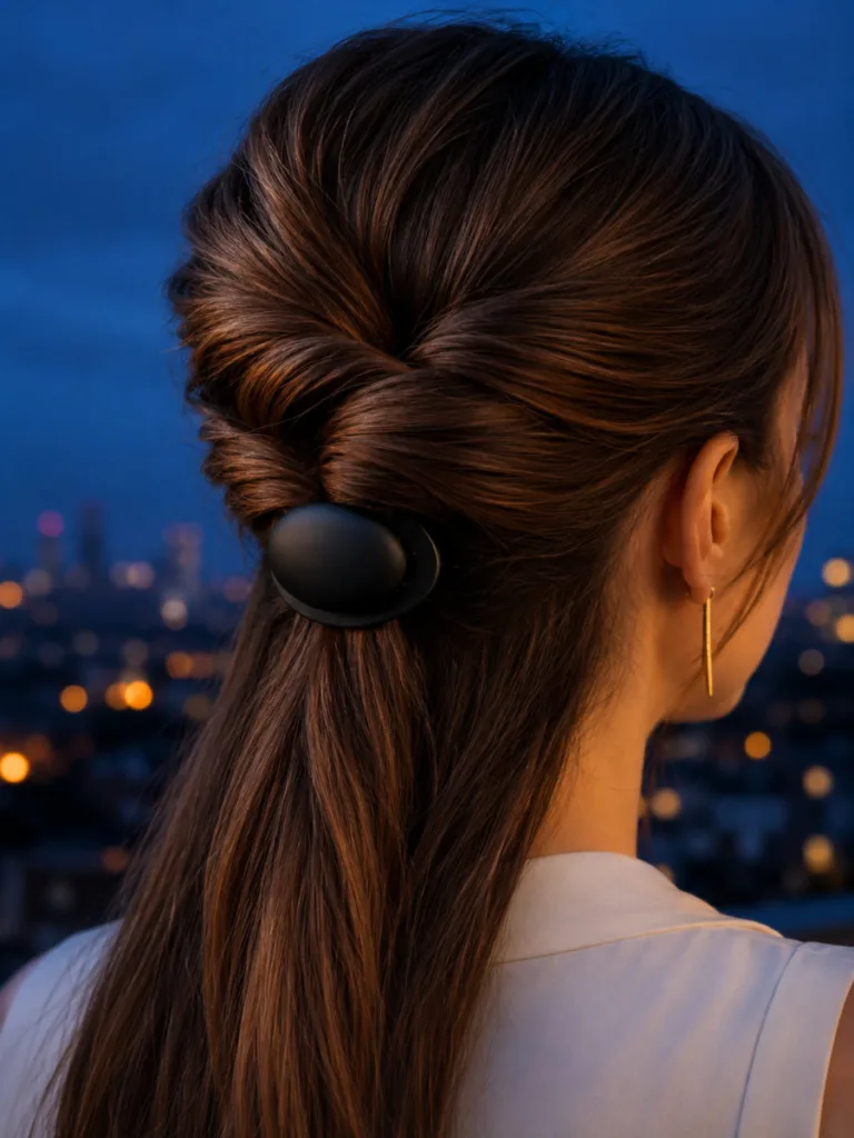 Close-up rear view of woman with chestnut brown hair showing the raised knot detail of a knotted half up claw clip hairstyle against a blue-hour city skyline