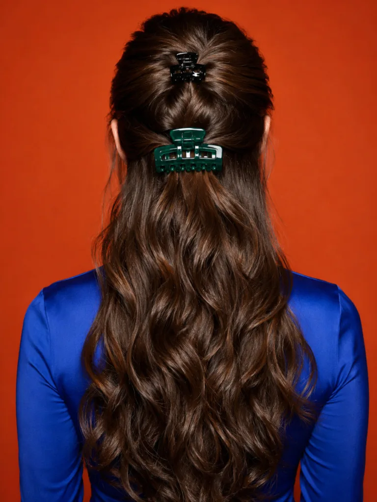 Rear view of woman with fair skin and long thick dark brown hair showing two stacked claw clips in a layered double clip half up hairstyle against a terracotta studio backdrop