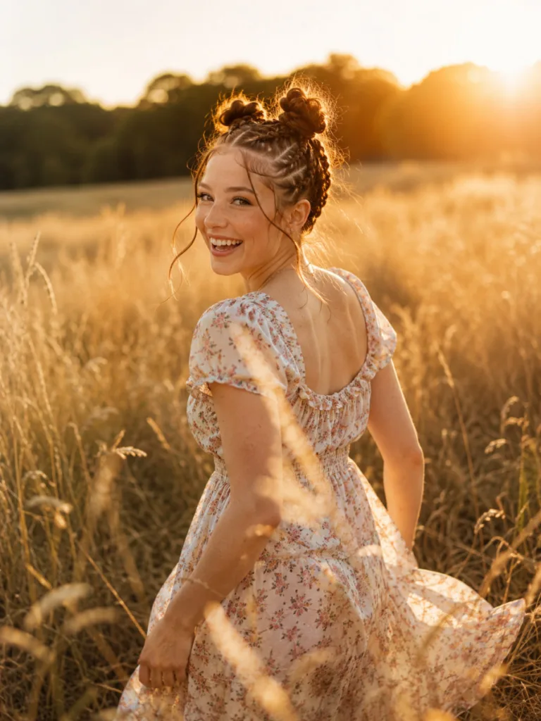 messy boho braided space buns with baby hair in outdoor field