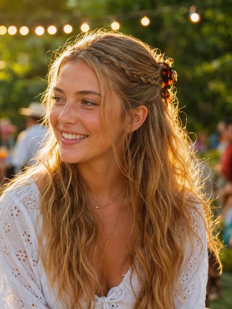 Woman with sun-kissed fair skin and honey-blonde wavy hair in a half up claw clip hairstyle with two mini braids framing her face, warm outdoor festival setting