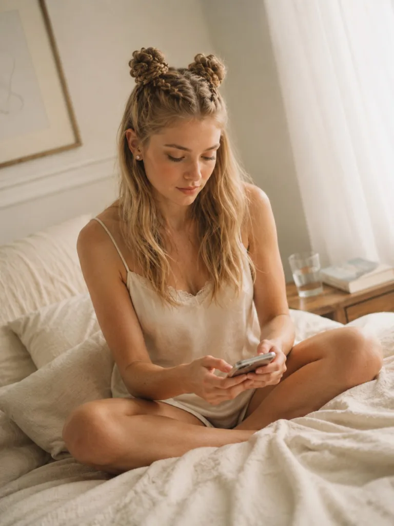 mini braided space buns on fine blonde hair fair skin bedroom