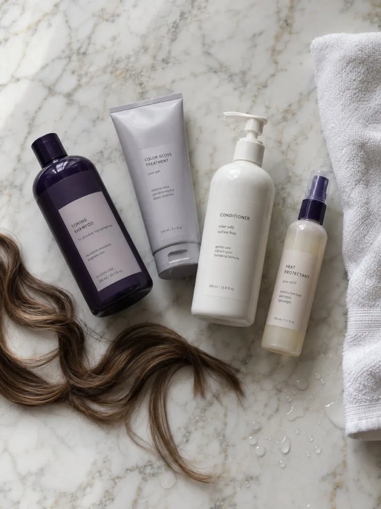 mushroom brown hair maintenance products purple toning shampoo flat lay