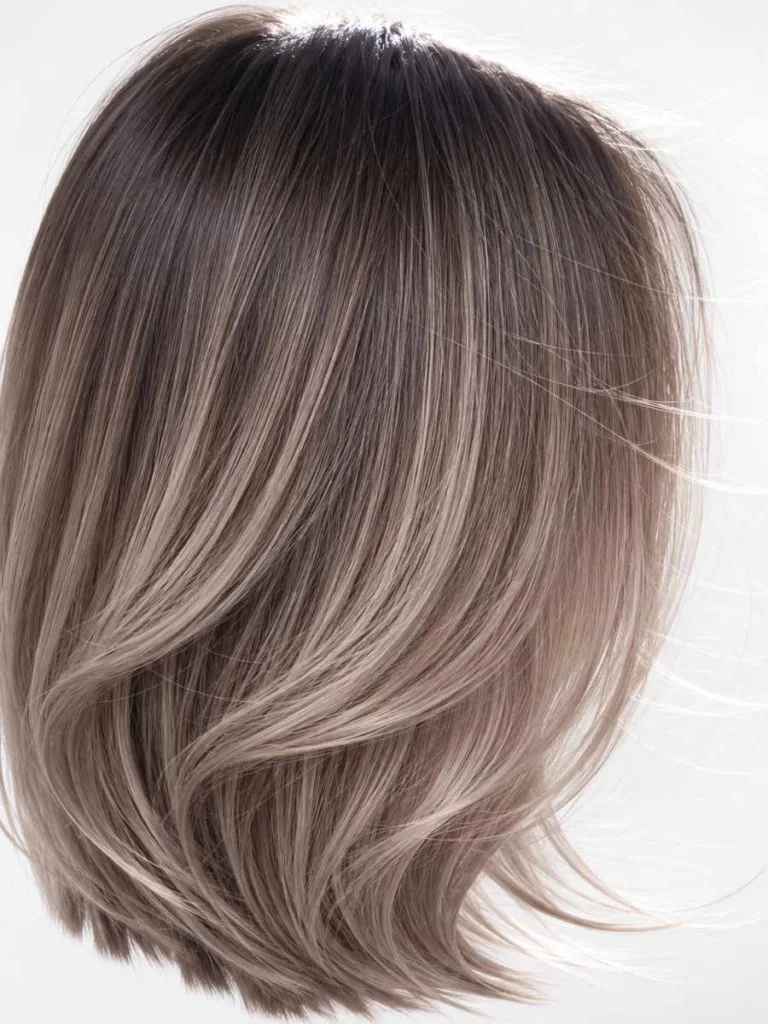 mushroom brown lob hair color closeup tonal layers ashy highlights roots