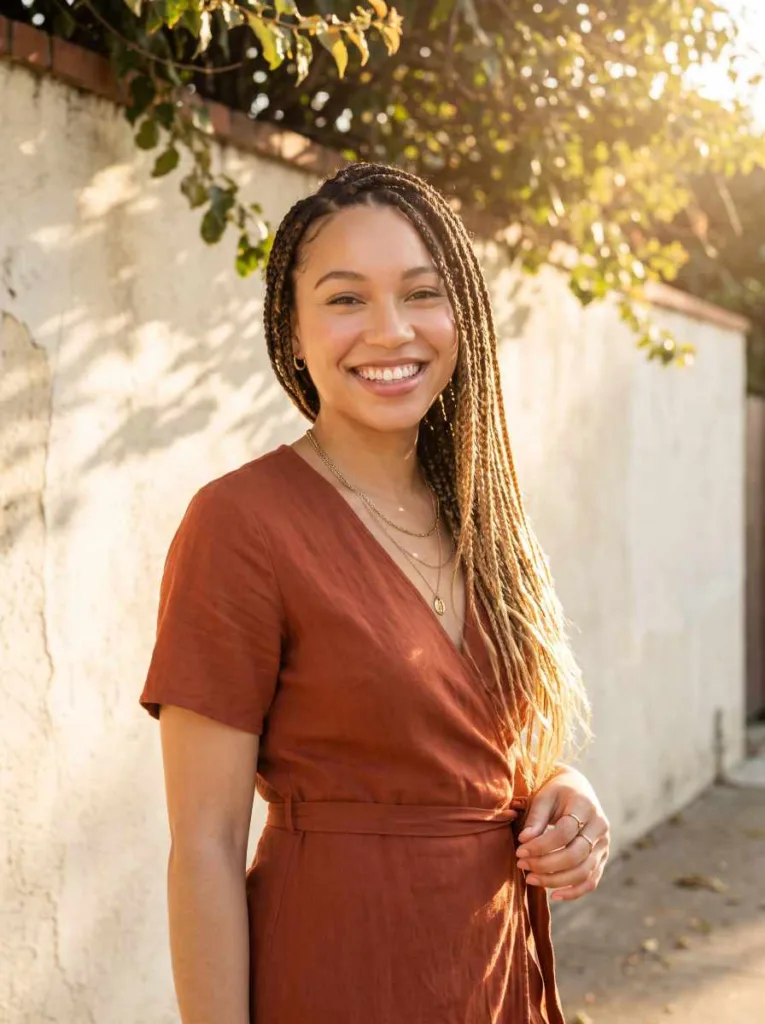 Young woman with medium knotless braids in deep brown to honey blonde ombre worn loose