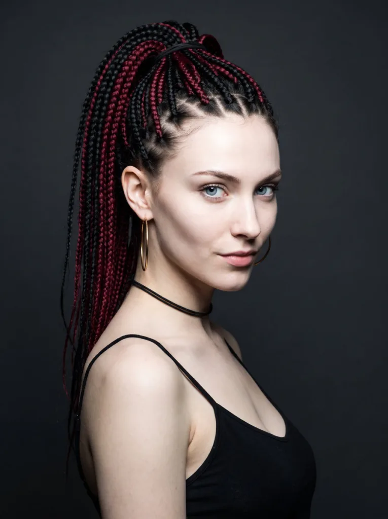 Young woman with black-over-burgundy peekaboo knotless braids in a high ponytail showing both colors
