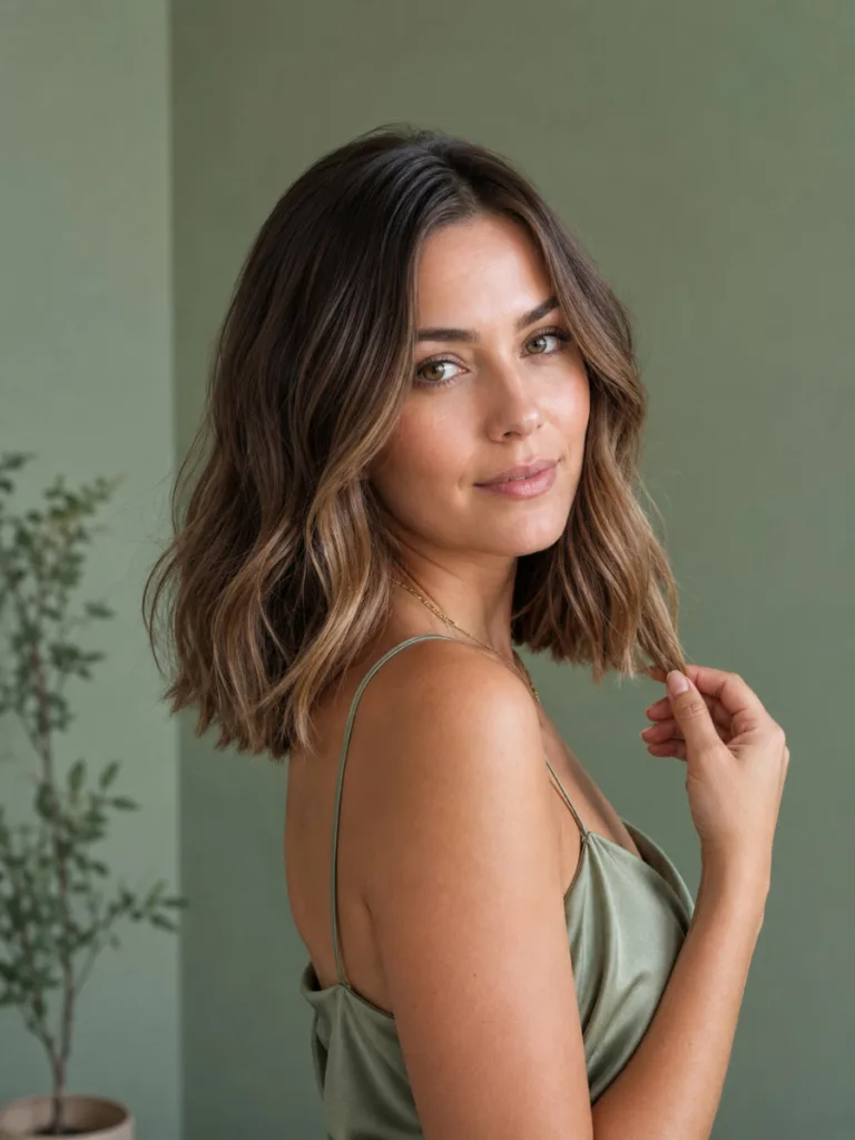 shoulder length mushroom brown lob hair soft waves sage green background
