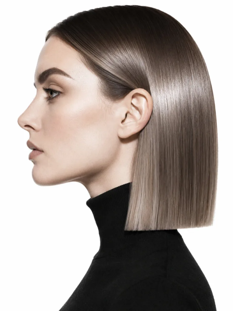 sleek straight mushroom brown lob hair side profile editorial
