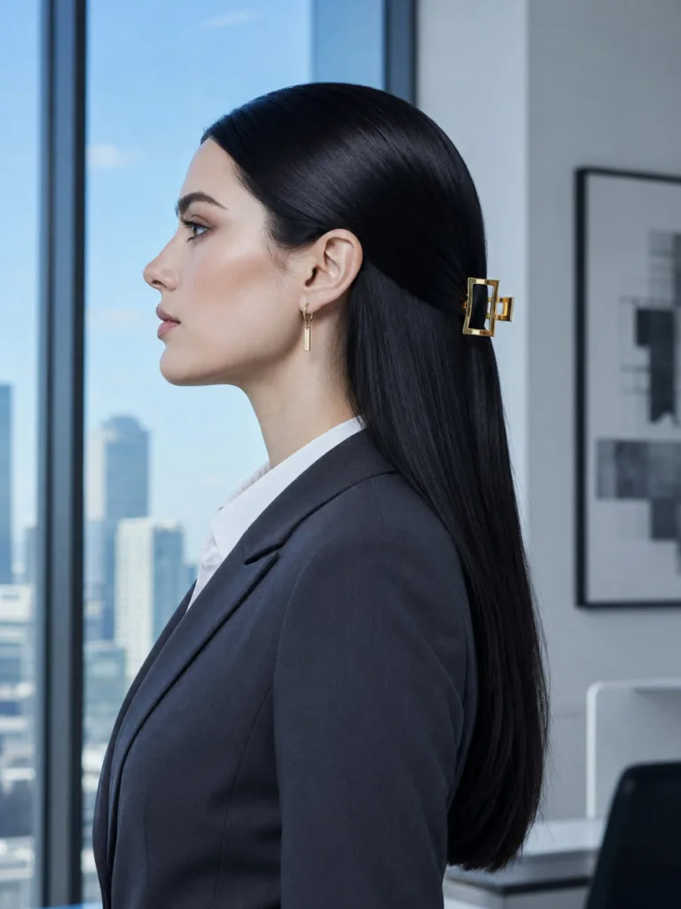 Woman with cool-toned porcelain skin and straight jet-black hair in a sleek smooth half up claw clip hairstyle with a gold minimalist clip, professional office glass window background