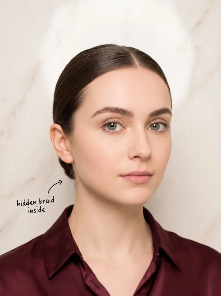 Attractive 23-year-old woman with fair light skin and dark brown hair in a sleek low bun with hidden inner braid, front-facing portrait, burgundy blouse, warm white background
