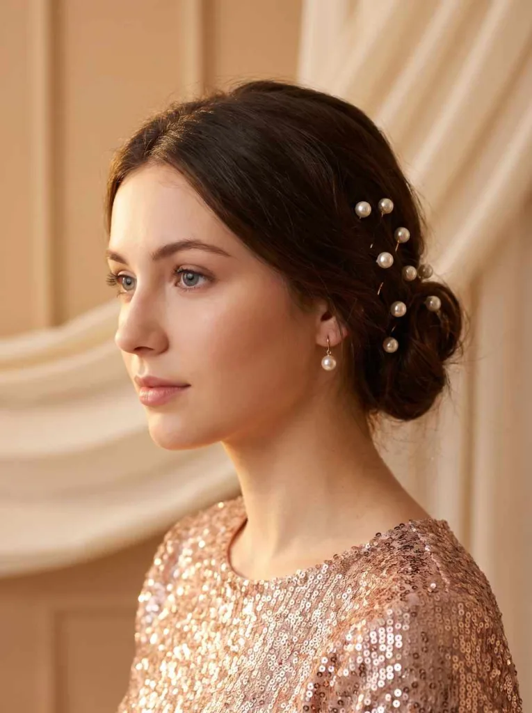 Beautiful 23-year-old woman with fair skin and dark brown hair in a sleek low bun with pearl pins, 3/4 side portrait, rose gold top, champagne interior background