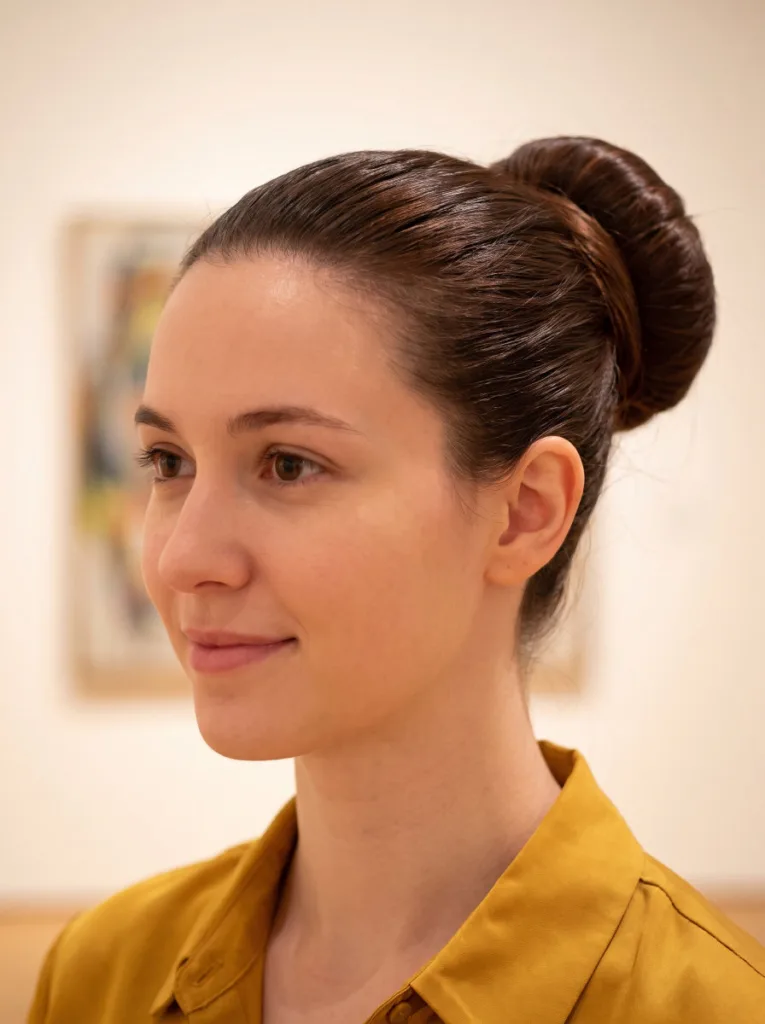 Pretty 22-year-old woman with fair skin and chestnut brown hair in a sleek low bun with wrapped strand, 3/4 side portrait, mustard top, gallery wall background