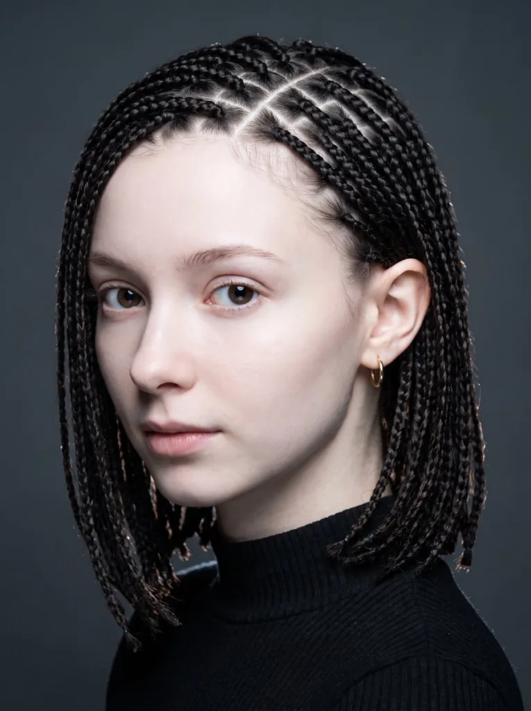 Young woman with fine micro knotless braids showing intricate scalp parting detail