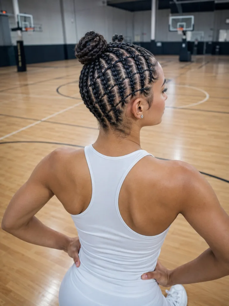 stitch braids into space buns on medium skin woman athletic setting
