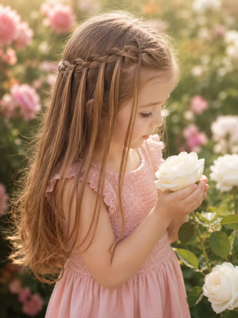 Waterfall braid toddler hairstyle for long straight hair — dreamy garden portrait
