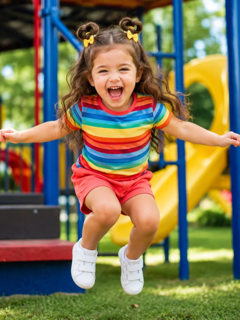 Half-up space buns toddler hairstyle for long wavy hair — colorful playground portrait