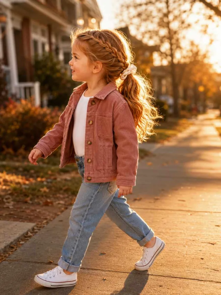 Side French braid into ponytail toddler hairstyle — strawberry-blonde girl in golden hour