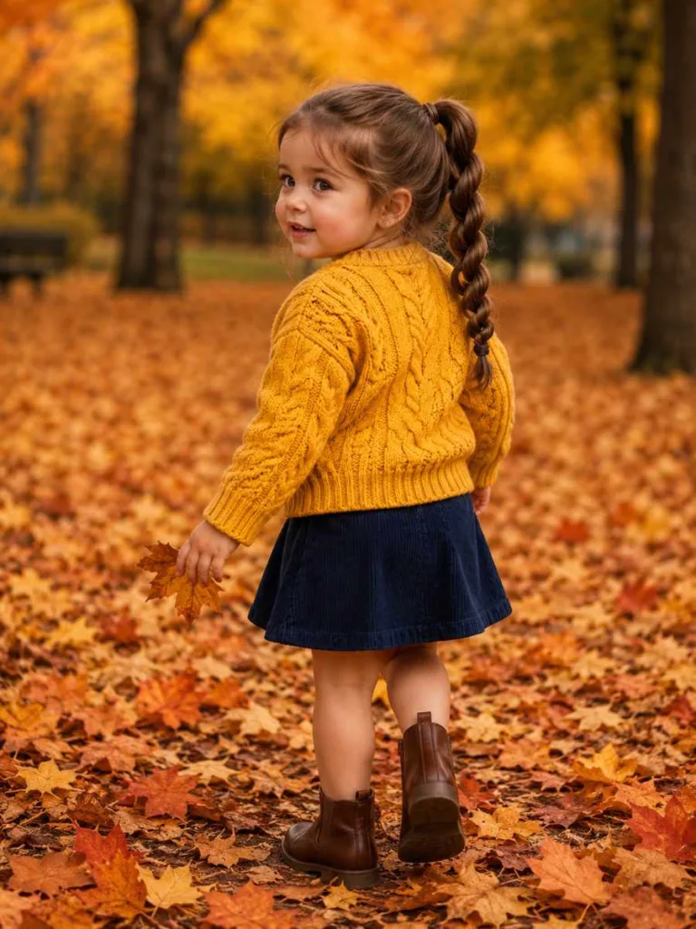 Rope braid ponytail toddler hairstyle for thick medium-brown hair — autumn park portrait