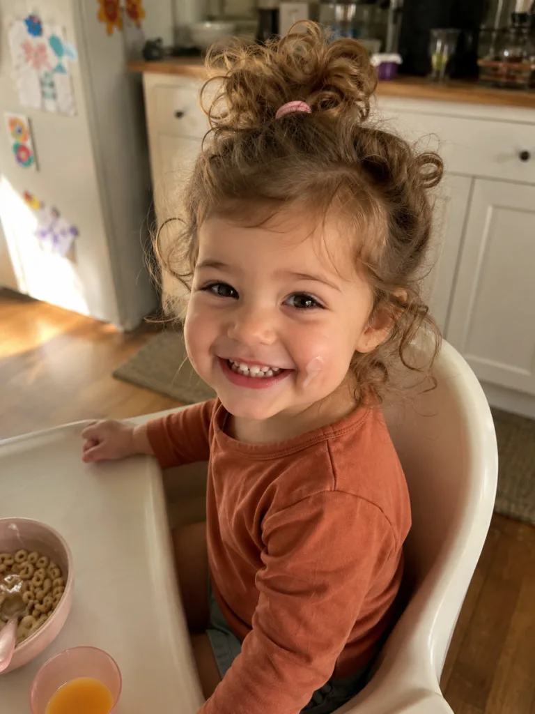 Messy bun toddler hairstyle for thick curly hair — candid breakfast scene