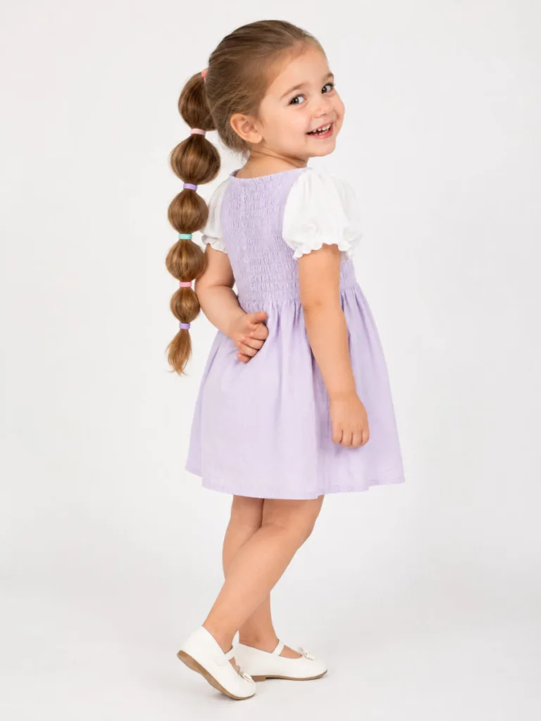 Bubble ponytail toddler hairstyle for long hair with pastel elastics — studio portrait