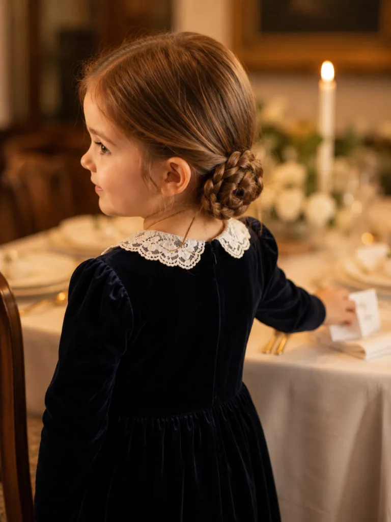 Braided bun toddler hairstyle for long dark honey-brown hair — elegant indoor portrait
