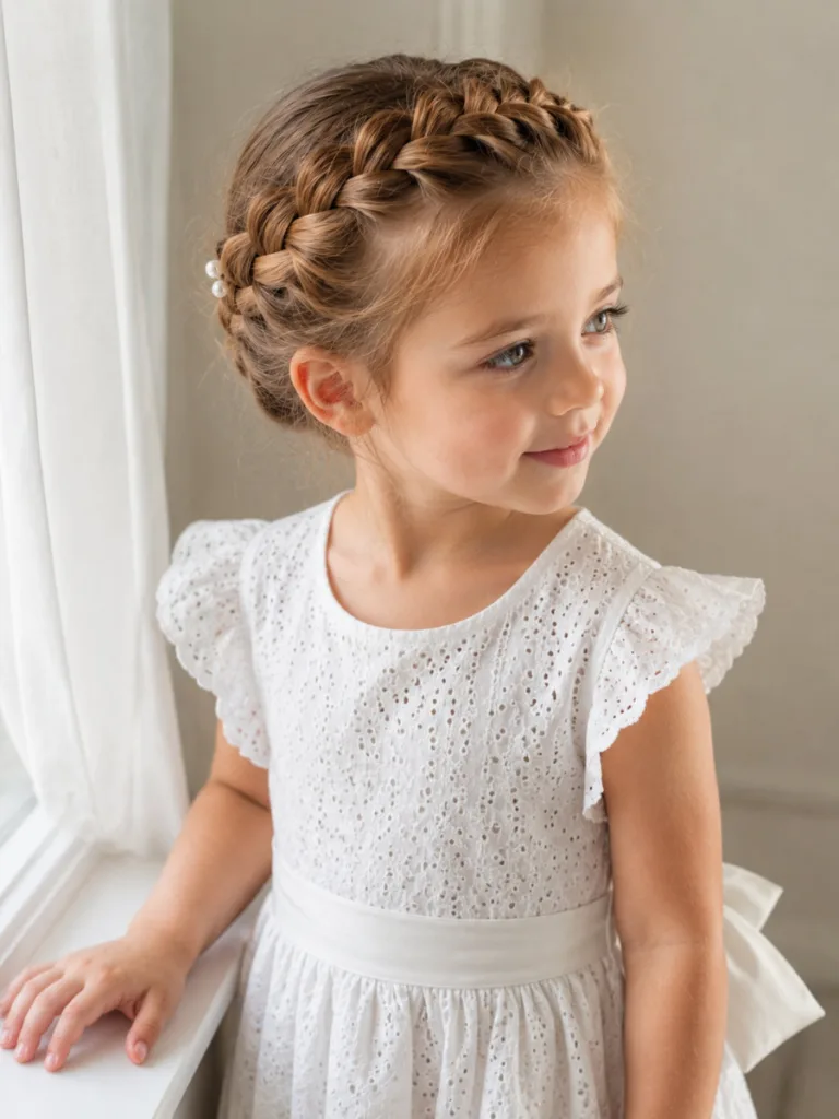 Crown braid toddler hairstyle for long hair — special occasion portrait in white dress