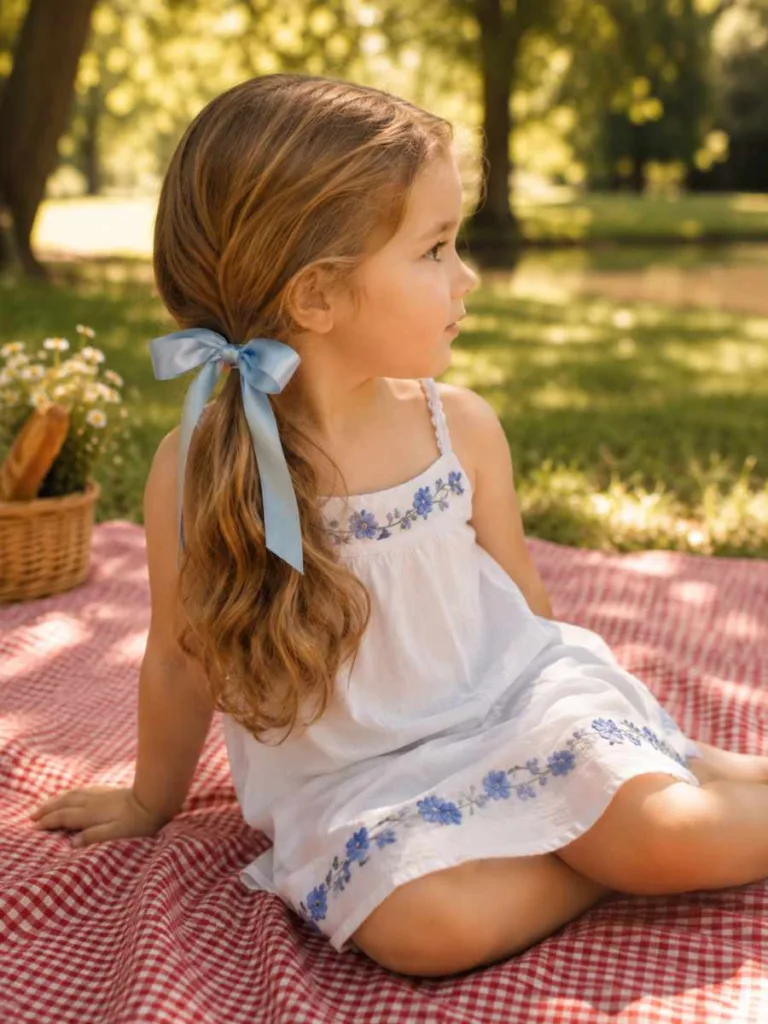 Low side ponytail with ribbon toddler hairstyle — honey-blonde girl on outdoor picnic