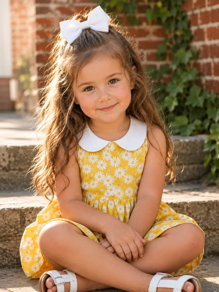 Half-up half-down bow hairstyle for toddler with long wavy brown hair — easy toddler girl style