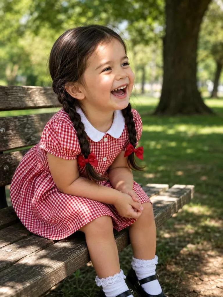 Braided pigtails toddler hairstyle for long dark hair — outdoor park portrait