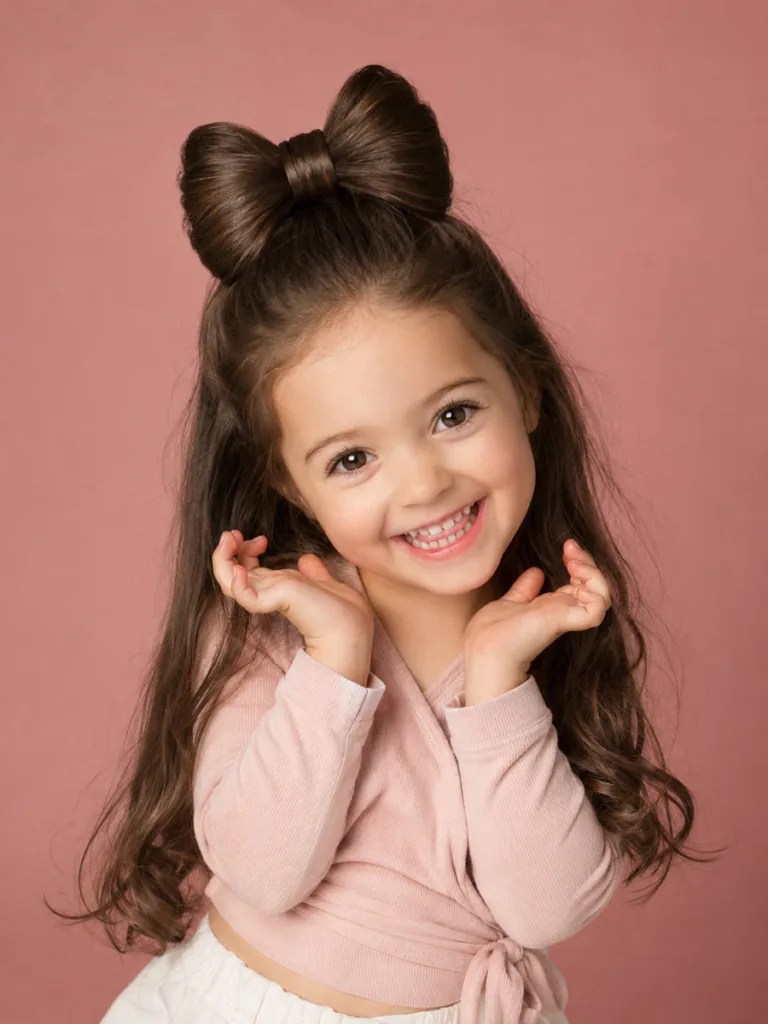 Bow bun toddler hairstyle for long thick dark hair — studio portrait