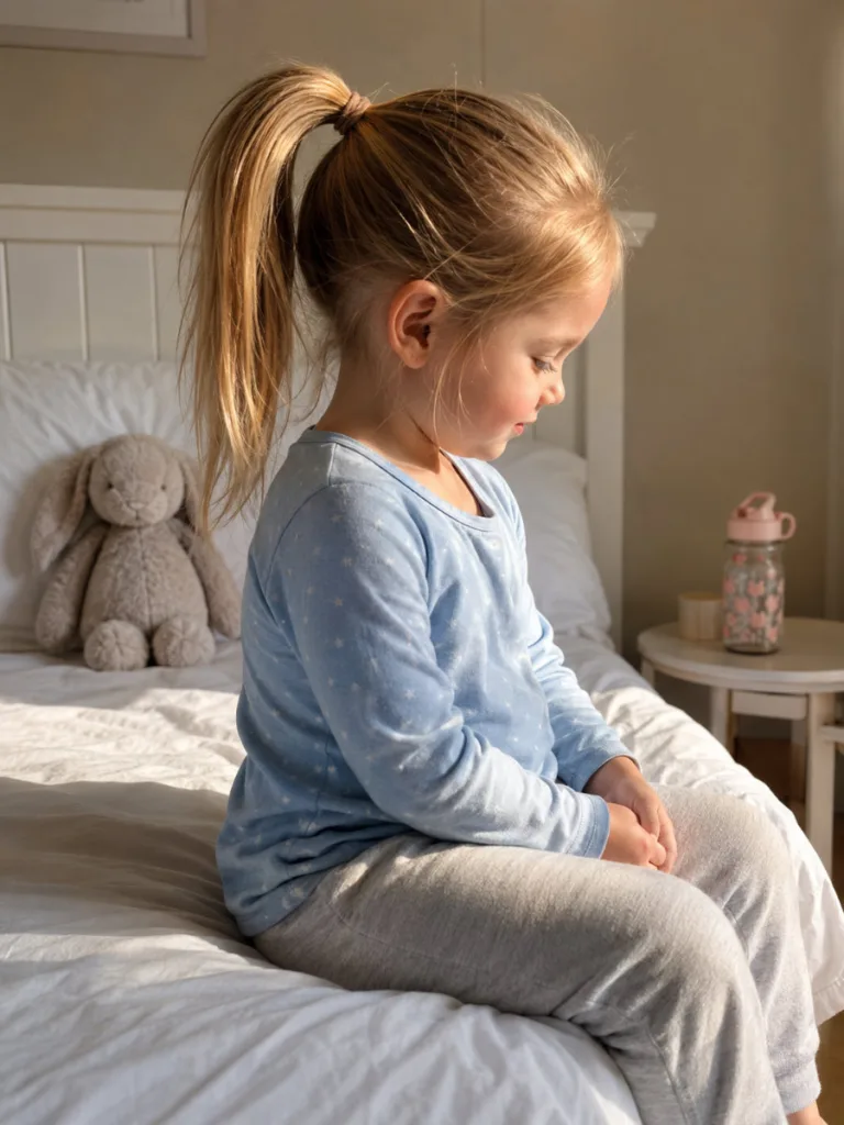 Classic high ponytail toddler hairstyle for long hair — honey-blonde girl in pale blue pajamas