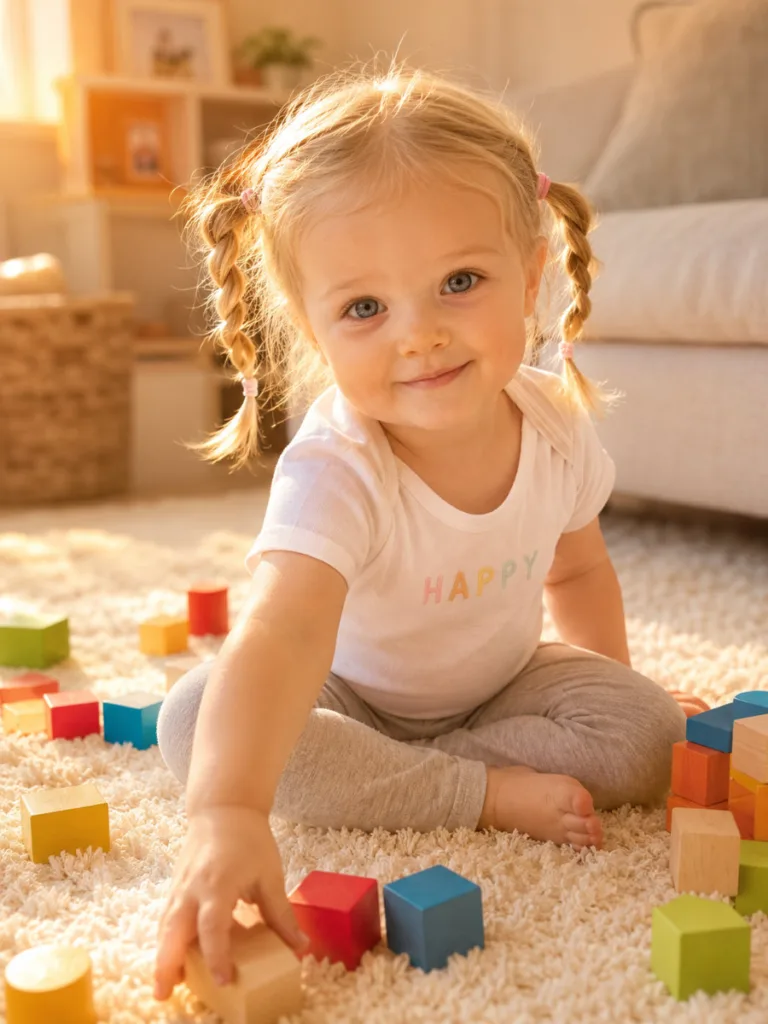 Twisted pigtails toddler hairstyle for fine blonde hair — candid home playroom scene