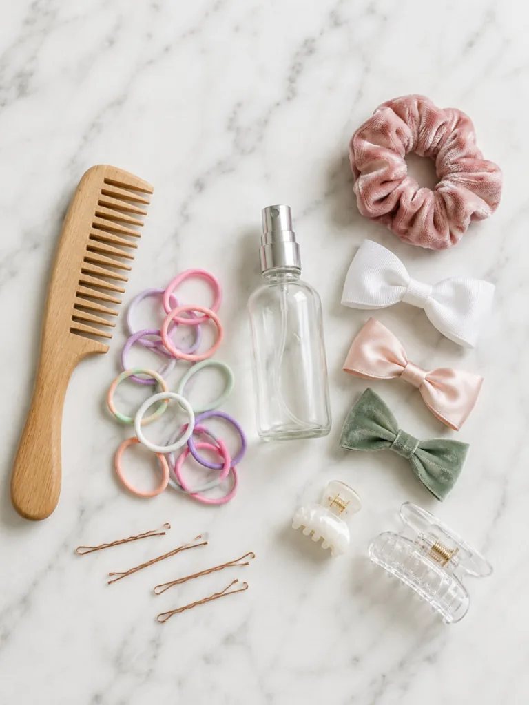 Toddler hair accessories flat lay — snag-free elastics, bow clips, wide-tooth comb for long toddler hair