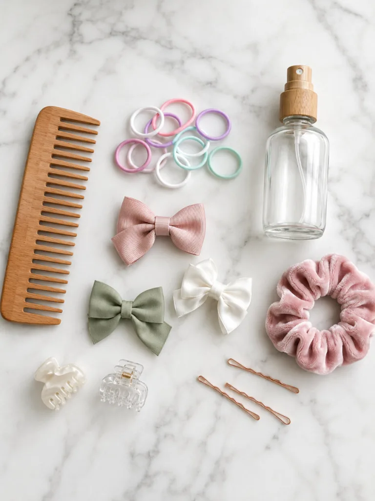 Toddler hair tools — wide-tooth comb, snag-free elastics, bow clips, detangling spray flat lay