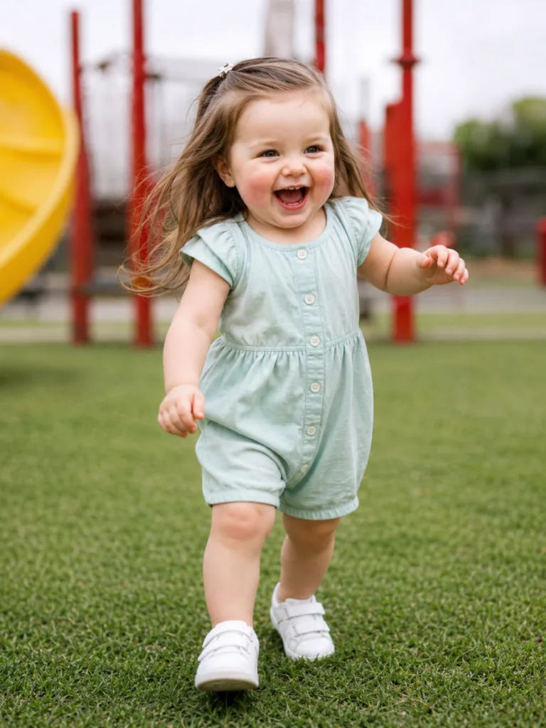 Two front twists toddler hairstyle — fair-skinned toddler girl in mint romper at playground